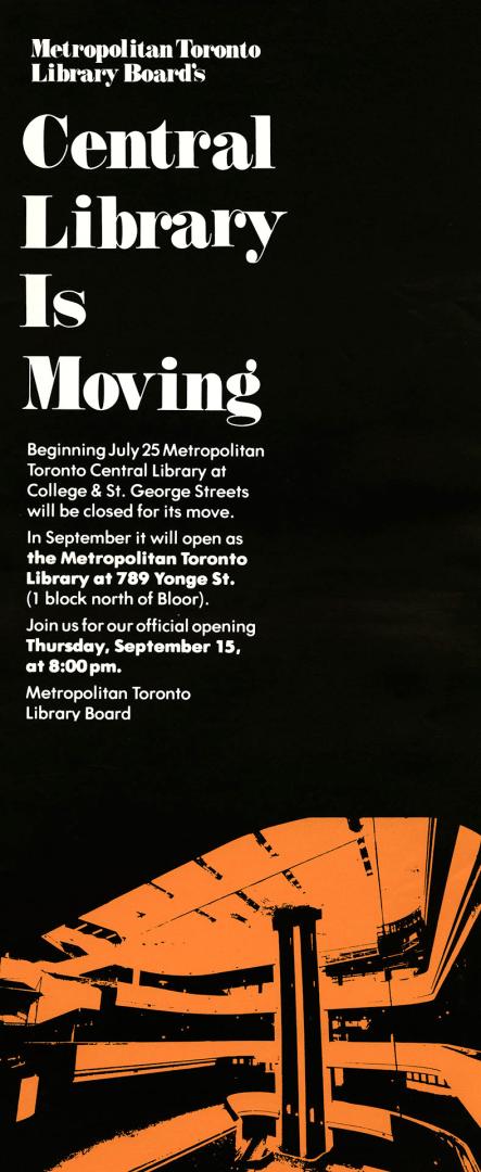 Poster with black background and white lettering reading Central Library is closing. Illustrati…