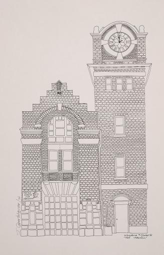 Line drawing of a historic fire station with a clock tower. The structure is predominantly made…