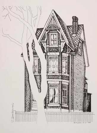 Detailed line drawing of a Victorian-style house with an outline of a large bare tree in the fo…
