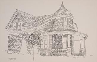 A reproduction of a pen and ink drawing of a Victorian-style house featuring a round turret wit…