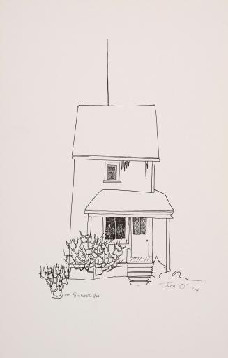 A drawing of a narrow, vertical two‑story house with a steeply pitched roof and minimal ornamen…