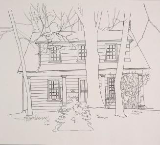 Reproduction of drawing of a two‑story house with wood siding and a steep roof. Three tall tree…