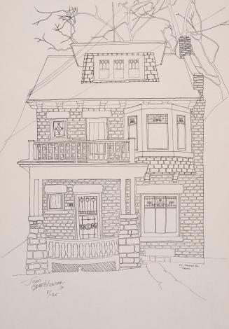 Reproduction of drawing of a two‑story brick house with a covered front porch and detailed maso…