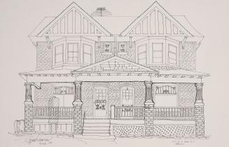 Reproduction of drawing of a two‑story brick house with a covered front porch and detailed maso…