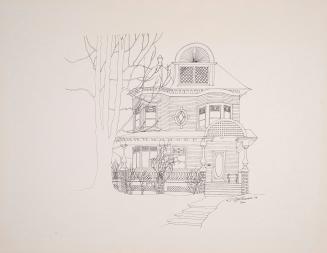 Reproduction of drawing of a two‑story house with a steep roof and a rounded dormer centered ab…