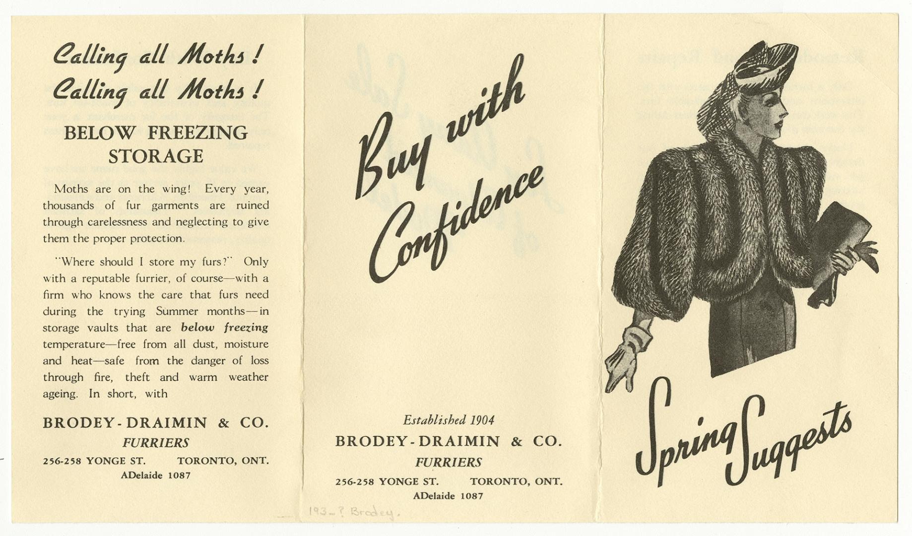 A fold-out advertising card for Brodey-Draimin & Co., Furriers