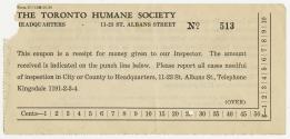 A punch-out receipt for The Toronto Humane Society. Headquarters were located at 11-23 St. Alba…