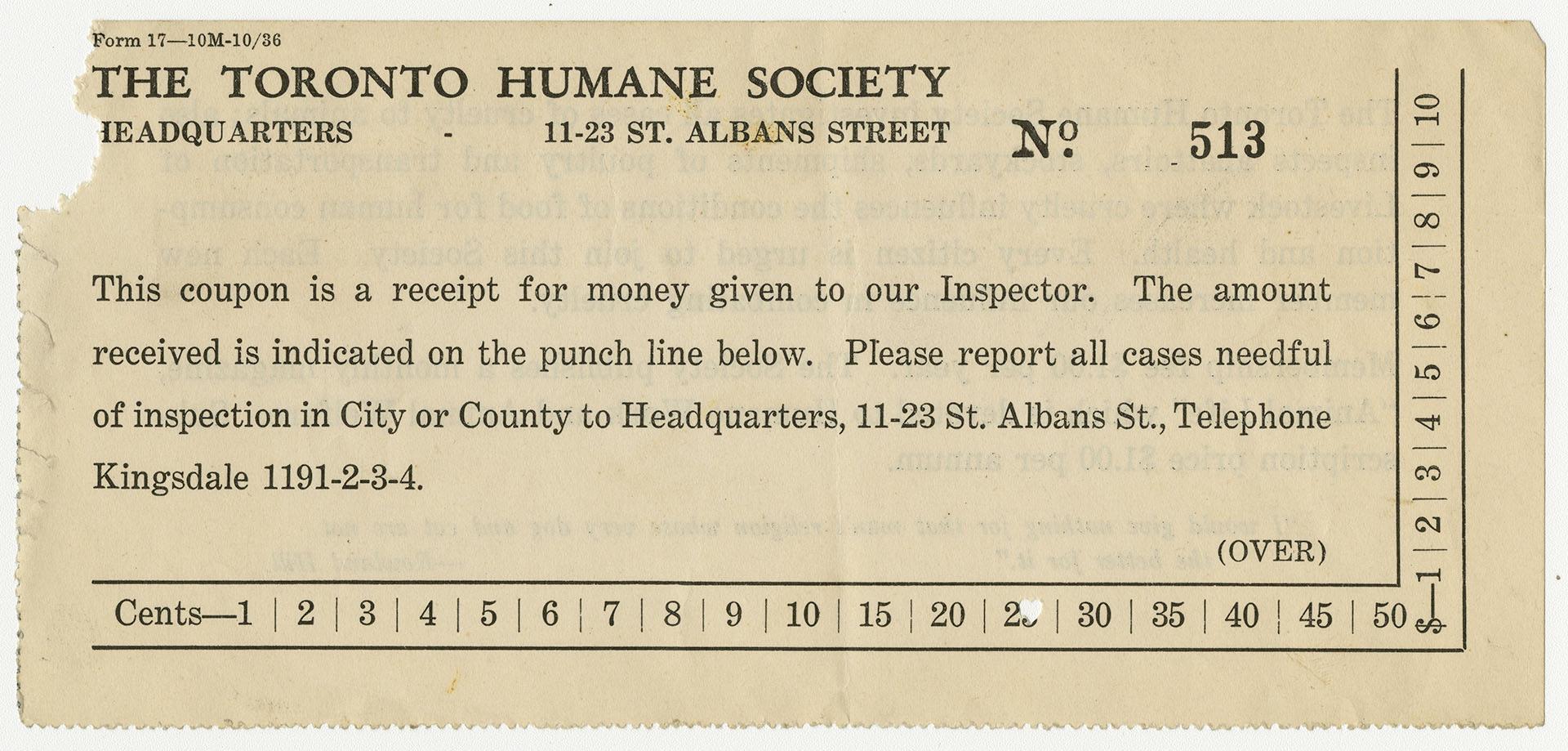 A punch-out receipt for The Toronto Humane Society. Headquarters were located at 11-23 St. Alba…