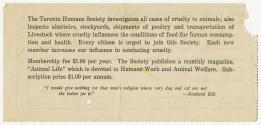 A punch-out receipt for The Toronto Humane Society. Headquarters were located at 11-23 St. Alba…