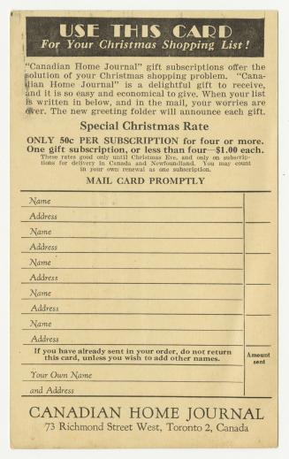 An advertising postcard stating "USE THIS CARD for your Christmas Shopping List!" for the Canad…