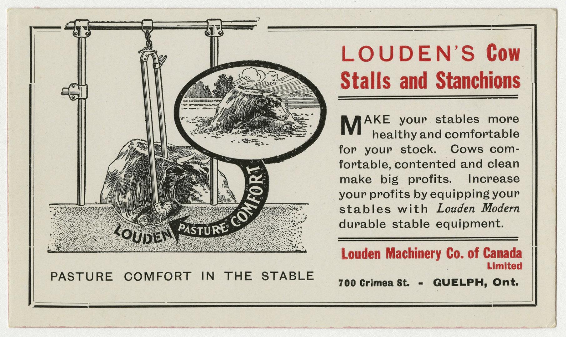 An advertising card stating "Louden's Cow Stalls and Stanchions" // Pasture Comfort in the Stab…