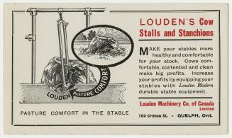 An advertising card stating "Louden's Cow Stalls and Stanchions" // Pasture Comfort in the Stab…