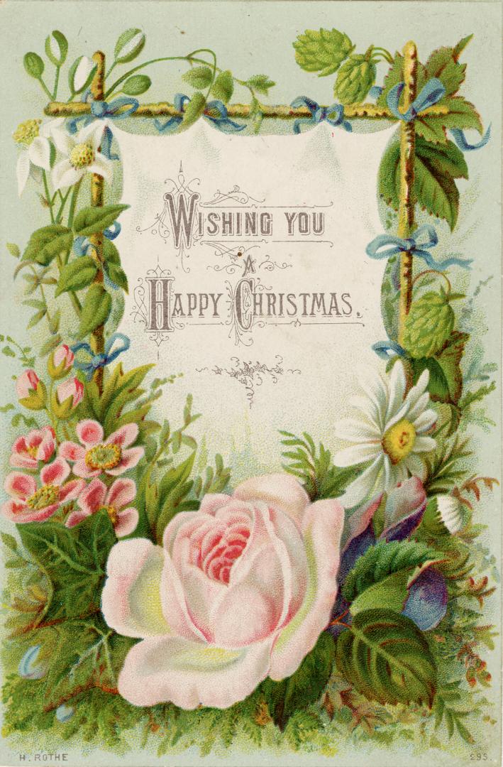 The centre of the card contains the text "Wishing you a Happy Christmas". This is framed by lea…