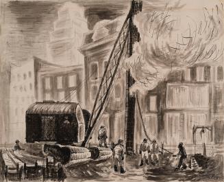 Monochrome ink and wash drawing of a city construction site with workers, a large crane, and su…