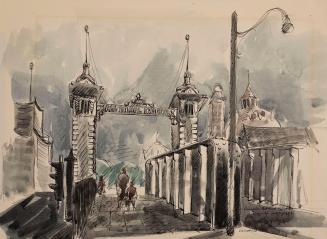 A watercolour of the old, now demolished, Dufferin Gate at the Canadian National Exhibition, sh…