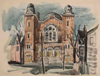 Watercolour of a Synagogue showing a large brick façade with two square towers topped by small …
