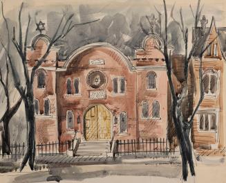 Watercolour painting of the former Shaw Street Synagogue, showing a red‑brick façade with a rou…