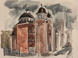 Watercolour of a synagogue showing its red‑brick Byzantine‑Revival façade with a large onion do…