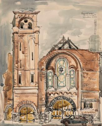 A loose pen‑and‑wash drawing of a brick synagogue with a tall tower, arched windows, and staine…