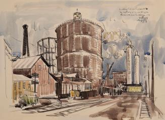 Watercolour of industrial view of Toronto’s Esplanade Street, looking east. Large gas holders a…