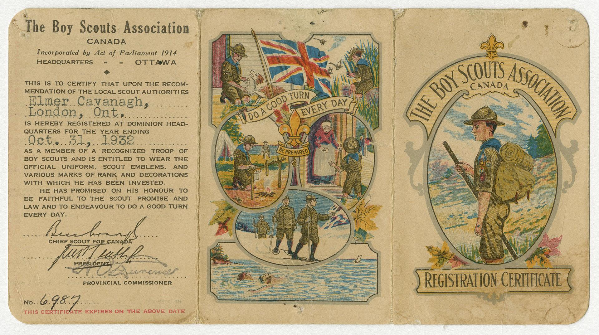 A fold-out registration card for The Boy Scouts Association of Canada, certifying the membershi…