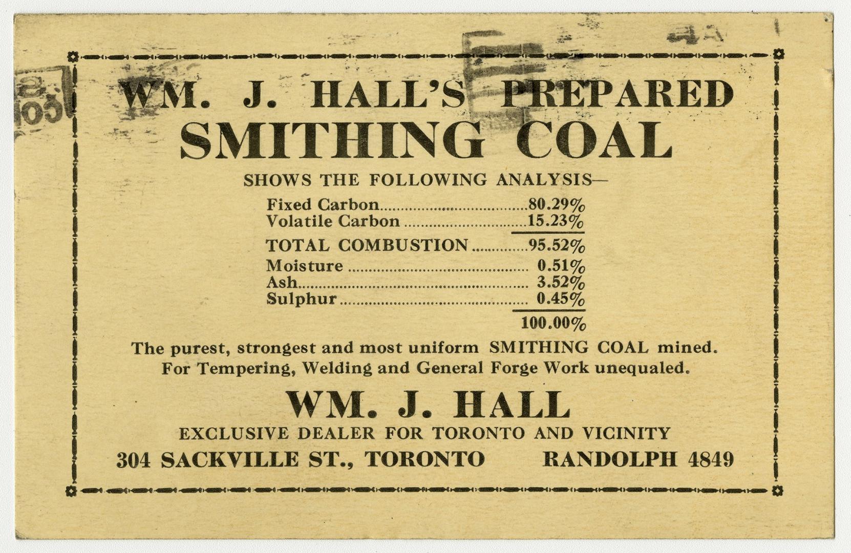 An advertising postcard for Wm. J. Hall's Prepared Smithing Coal, with a used one-cent stamp on…