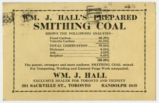 An advertising postcard for Wm. J. Hall's Prepared Smithing Coal, with a used one-cent stamp on…