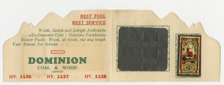 A Christmas card put out by the Dominion Coal & Wood Limited. The card opens to reveal a gift o…