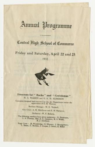 A fold-open programme for the Central High School of Commerce shows of "Rocks" and "Coriolanus"…