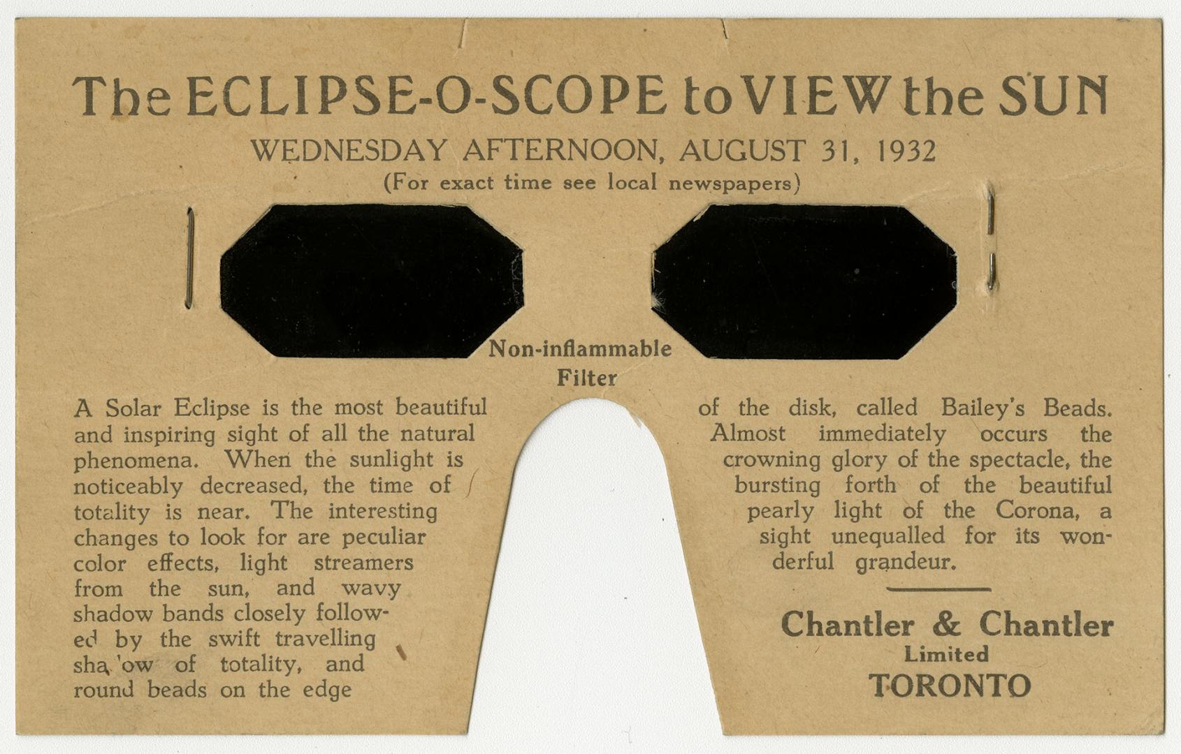 Eclipse-viewing safety paper glasses put out by Chantler & Chantler Limited of Toronto for the …