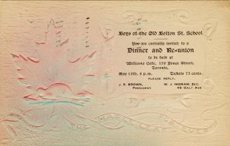 Invitation postcard depicting an embossed maple leaf and banner. The caption on the right of th…