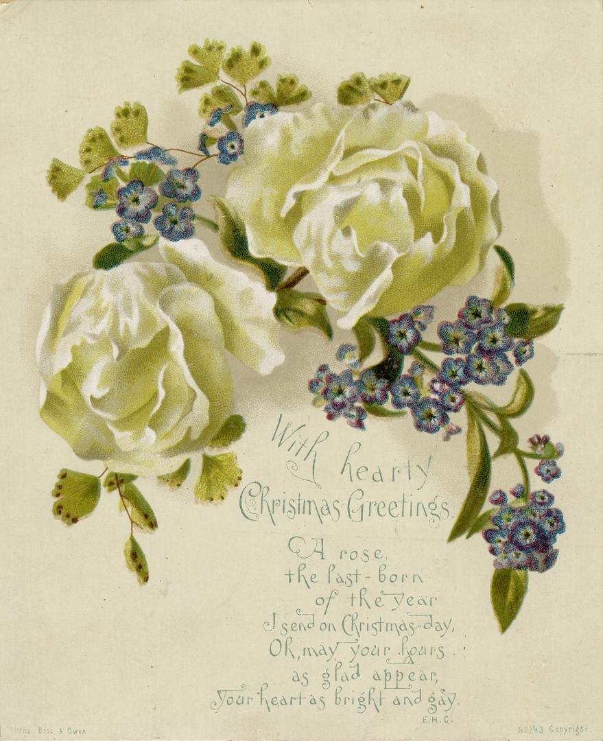 The card pictures white roses and smaller blue flowers against a cream background. A rhyming ve…