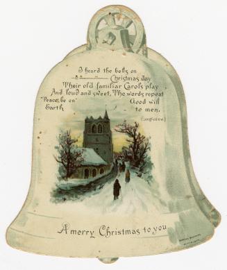 The card is shaped like a bell. The image at it's centre shows people walking along a snowy pat…