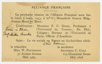 A postcard invitation for an Alliance Française language school reunion to be held at the House…