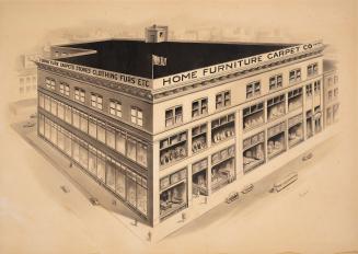 Three-point perspective pencil illustration of a three-story Chicago-style building viewed from…