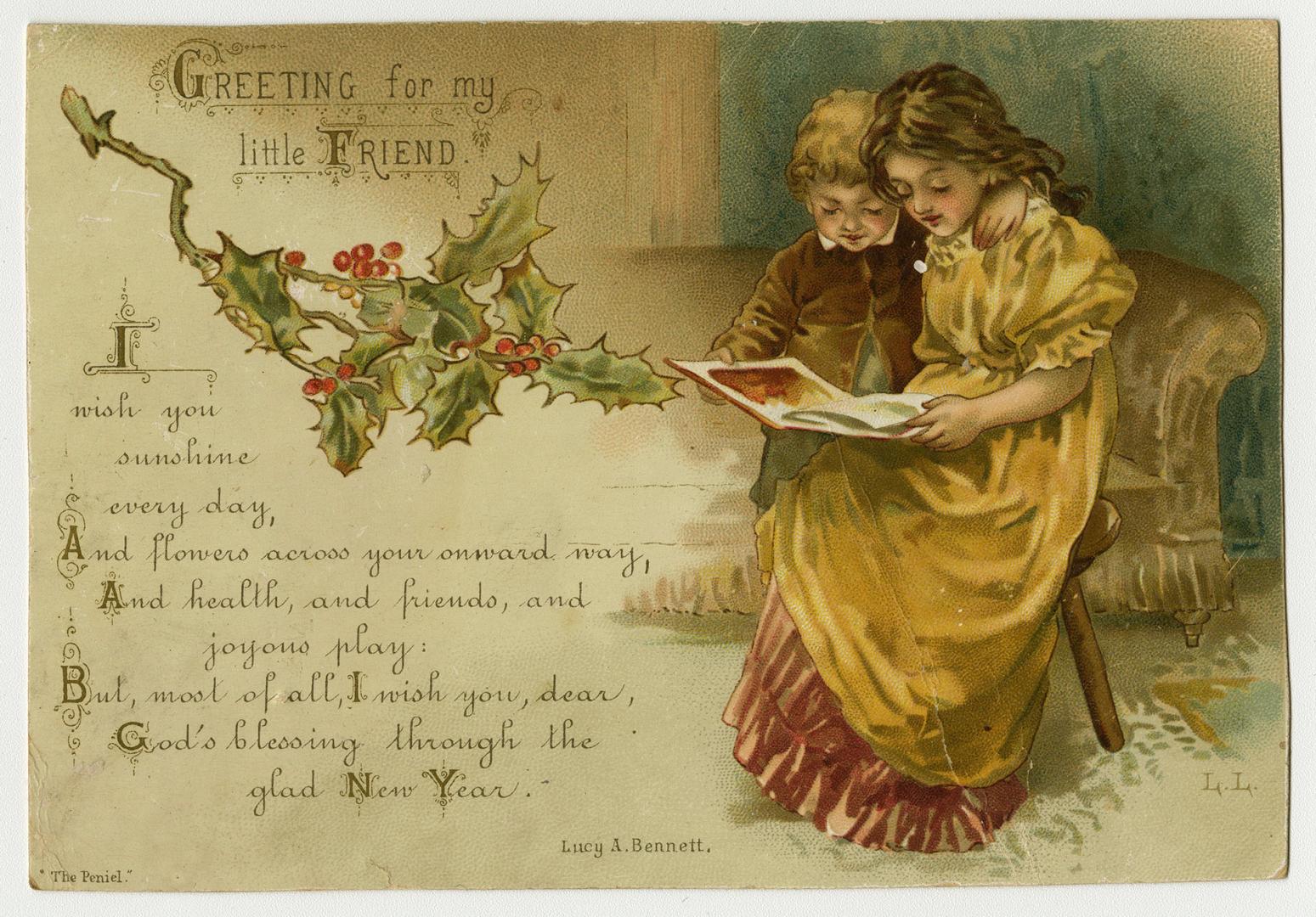 The right side of the card pictures a girl and a younger boy reading a book together. Holly ber…