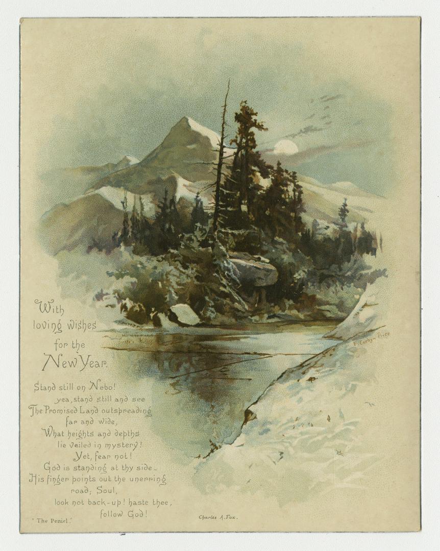 The card pictures an icy river or lake. On the far bank there are evergreen trees and mountains…