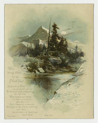 The card pictures an icy river or lake. On the far bank there are evergreen trees and mountains…