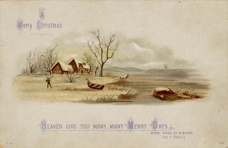 The card pictures a river and snowy field. A person's silhouette can be seen in the field. A ho…