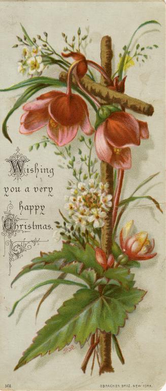 The card pictures a bronze cross decorated with pink and white flowers and foliage. The backgro…