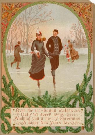 The card pictures a man and woman skating on a frozen pond. Three other people are in the backg…