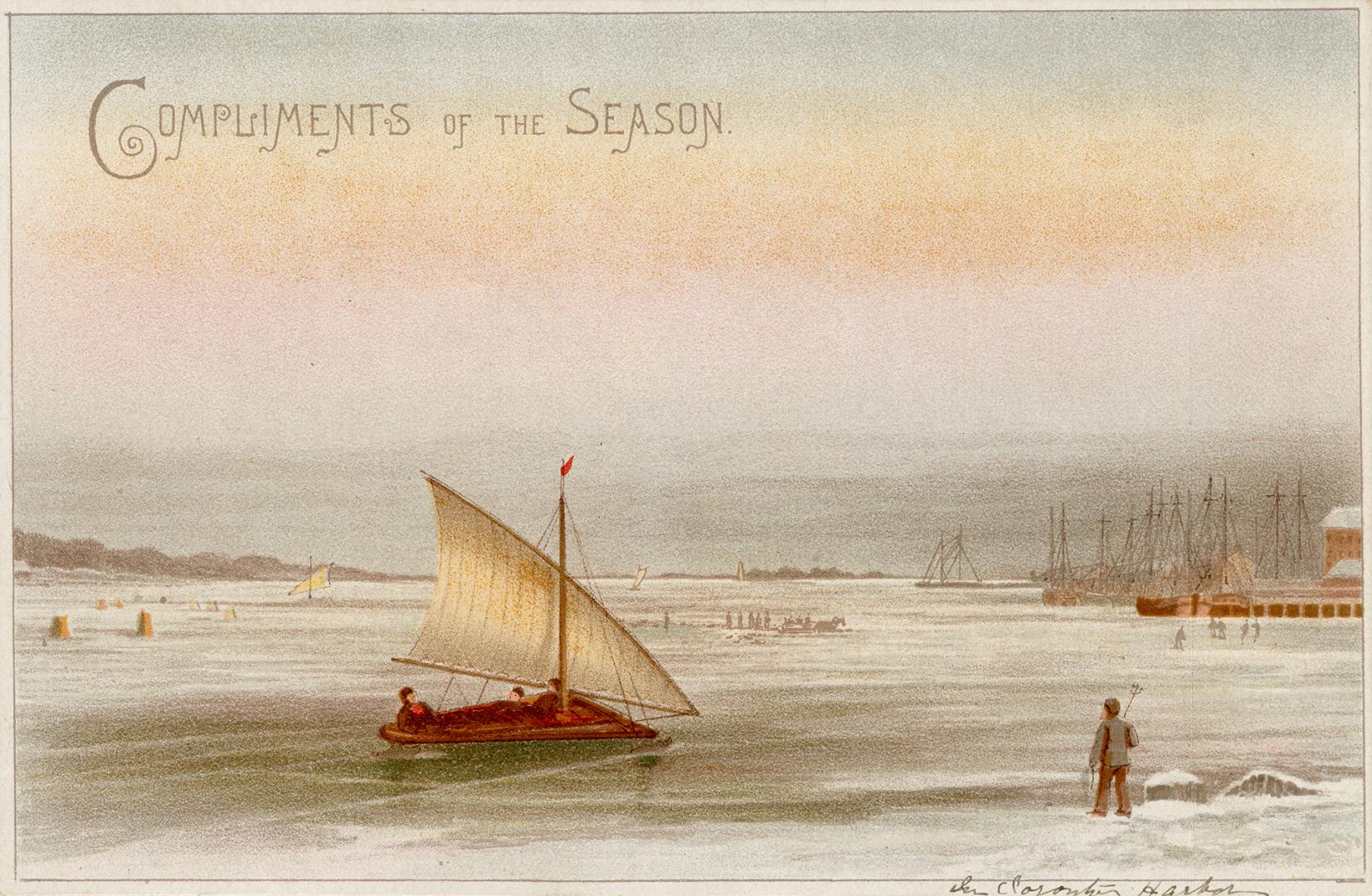 The card pictures a boat harbor during winter time. A few people's silhouettes are visible, alo…