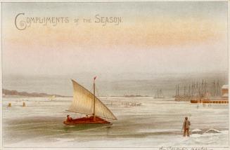 The card pictures a boat harbor during winter time. A few people's silhouettes are visible, alo…