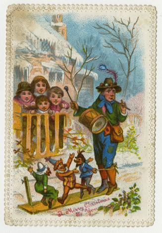 The card pictures four children at the front gate of their yard watching a young man perform on…