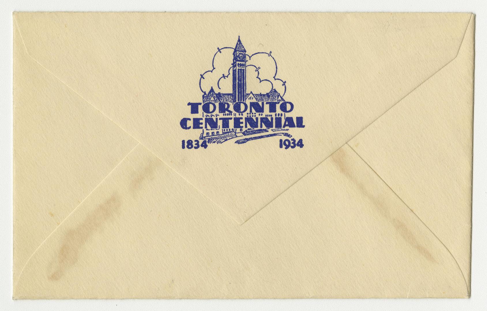 An envelope stating "Toronto Centennial 1834 1934" on the back fold-over.
