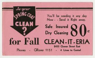 A pink advertising card blotter stating "Is your Spring Coat Clean? //Clean-it-Eria"