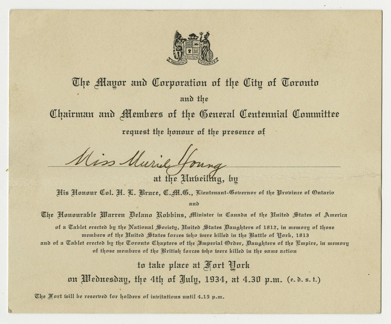 An invitation card stating, "The Mayor and Corporation of the City of Toronto and the Chairman …