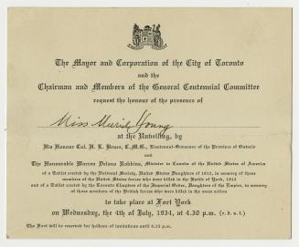 An invitation card stating, "The Mayor and Corporation of the City of Toronto and the Chairman …