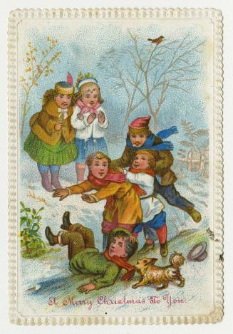 The card pictures six children and a small dog playing in the snow.