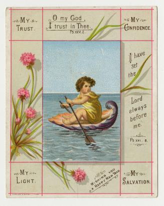 The centre of the card pictures a boy rowing in a large body of water. His "boat" appears to be…
